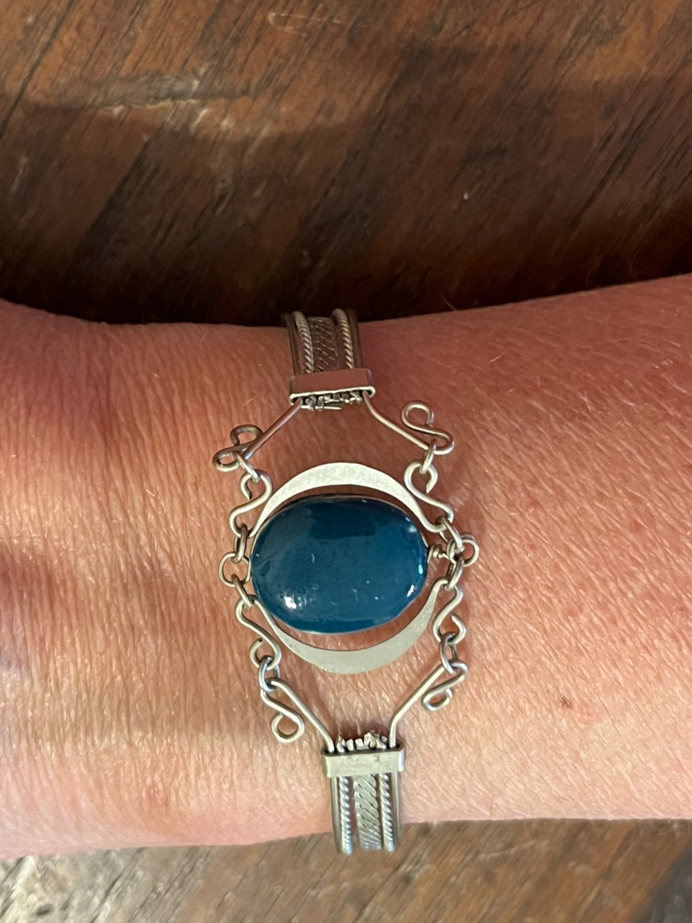 Vintage Artisan Filigree Wire Wrapped Bangle Bracelet - Teal Blue Stone